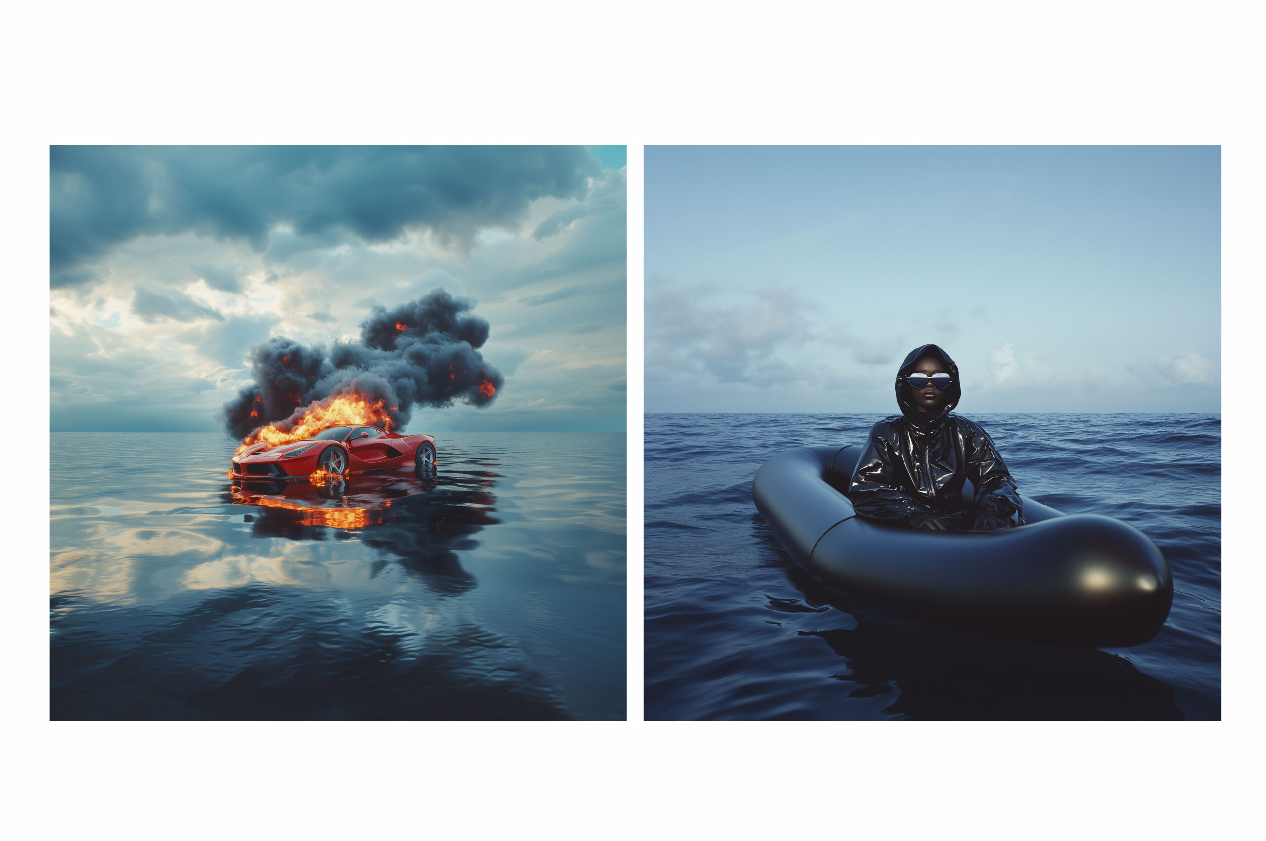 brennendes_auto_ozean_surreal_flucht_boot