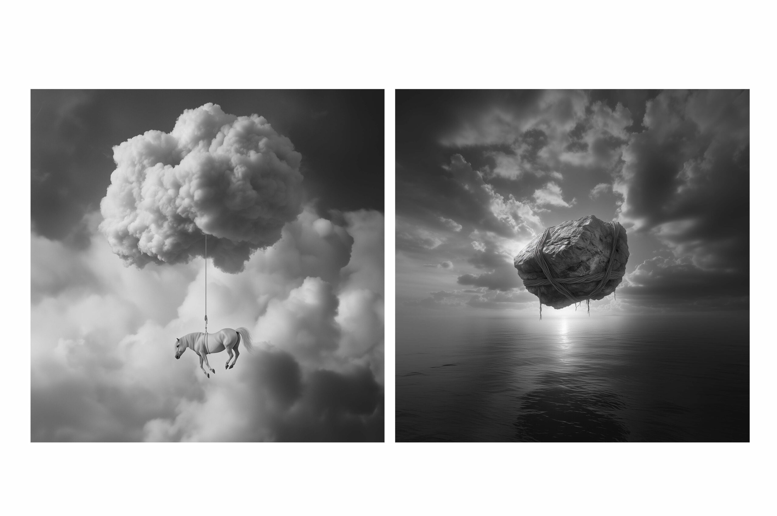 schwebendes_pferd_wolken_stein_surreal_bw_traumwelt